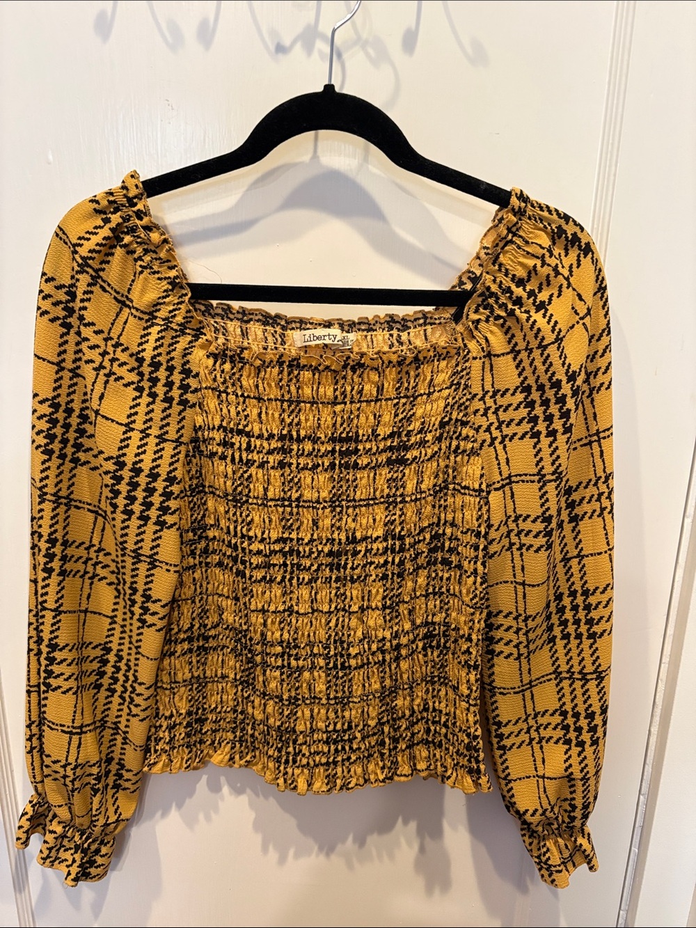 liberty Mustard Yellow Plaid Smocked Puff Sleeve Top BN534
